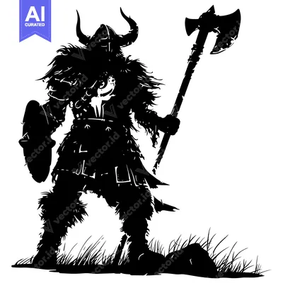 A Silhouetted Warrior Holding an Axe and Shield in a Field of Grass
