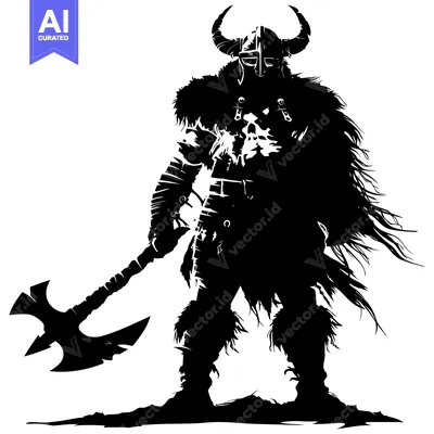 Popular premium asset: A Viking Warrior Holding a Double-Headed Axe, Silhouetted in Black