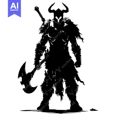 Silhouette of a Warrior with a Horned Helmet and Axe