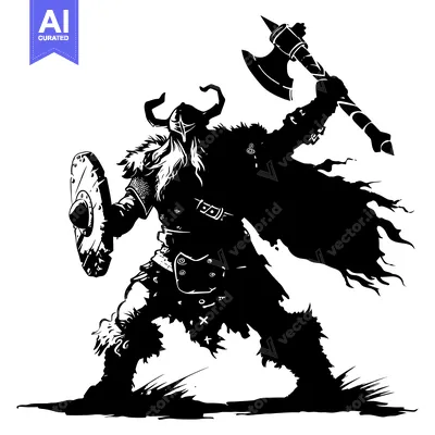 Aset premium populer: A Silhouette of a Viking Warrior Holding an Axe and a Shield