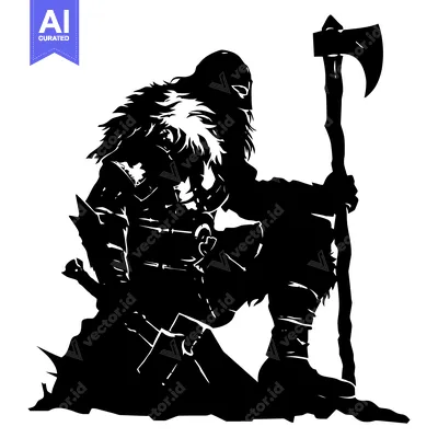 Silhouetted Viking Warrior Kneeling with Axe