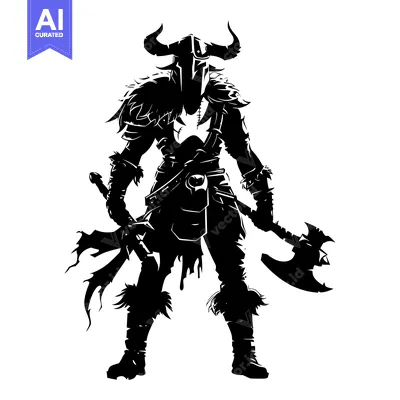 Silhouette of a Viking Warrior Holding an Axe and Sword