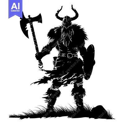 Aset desain premium: Silhouette of a Viking warrior with an axe and shield
