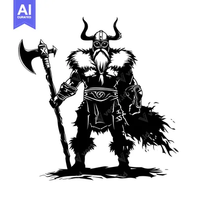 A Viking Warrior Holding an Axe in Black and White Silhouette
