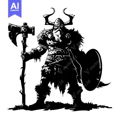 A Silhouetted Viking Warrior with Axe, Shield, and Horned Helmet