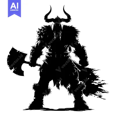 Silhouette of a  Warrior with Horns, Fur, and an Axe