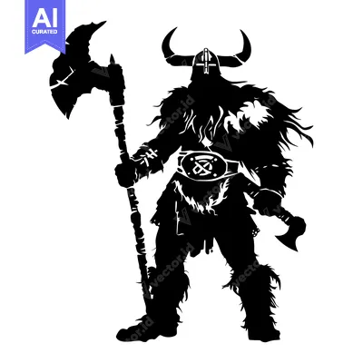 Aset premium populer: A Silhouetted Viking Warrior Holding a Double-Headed Axe