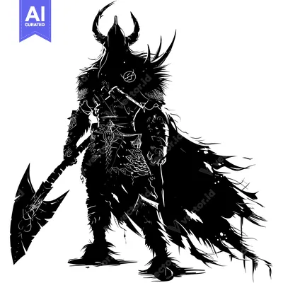Aset premium populer: Silhouette of a Warrior with an Axe and Spiked Helmet