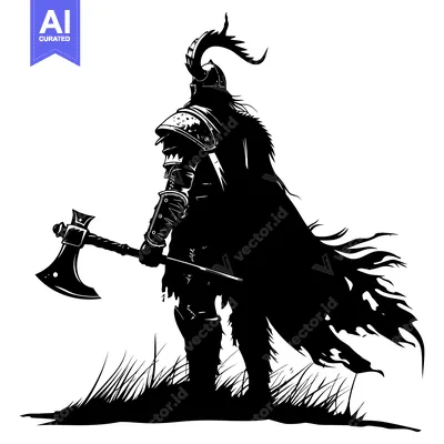 Aset desain premium: Silhouette of a Warrior Holding an Axe, Standing in Grass