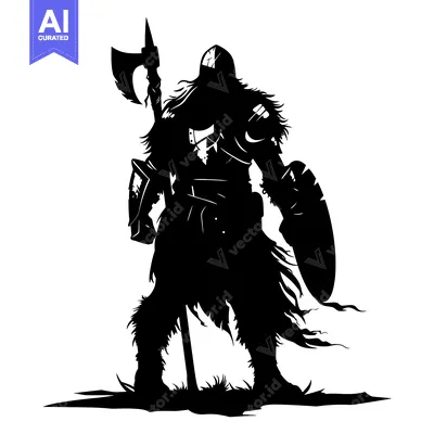 Aset desain premium: Silhouette of a Warrior Holding an Axe and Shield
