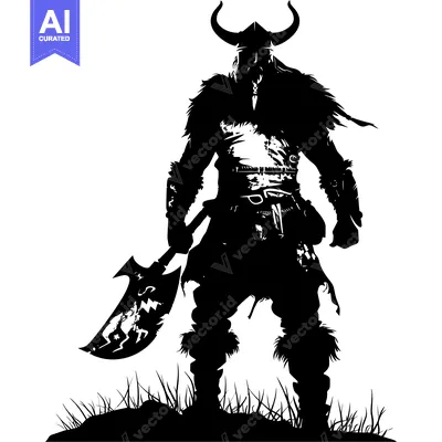 Aset desain premium: Silhouetted Viking Warrior with Axe and Helmet
