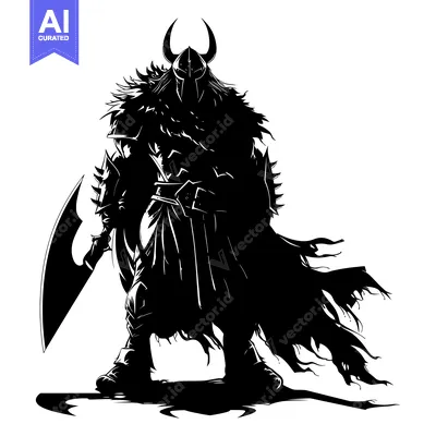 Aset premium populer: Silhouette of a warrior with a large axe and horned helmet