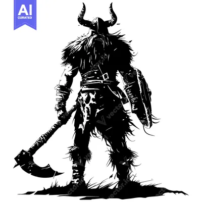 Aset desain premium: Silhouette of a Viking Warrior Holding an Axe and Shield