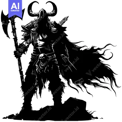 Silhouette of a horned warrior with an axe and a cape