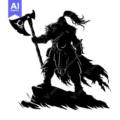 Silhouette of a Warrior Holding an Axe on a Cliff