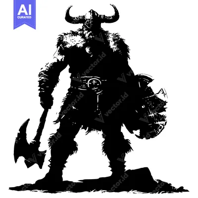 Aset premium populer: A Silhouette of a Viking Warrior with an Axe and Shield