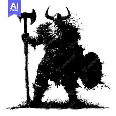 Aset premium populer: Silhouette of a Viking Warrior Holding an Axe and Shield