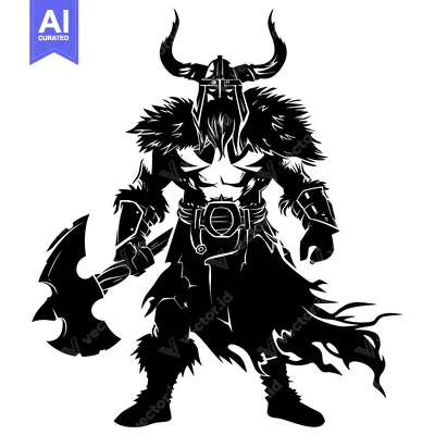 Aset desain premium: A fierce black and white silhouette of a viking warrior with a horned
