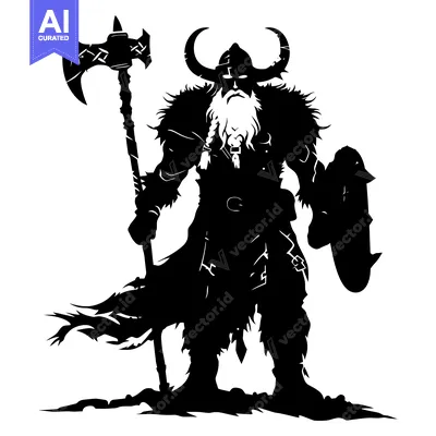 Aset desain premium: Silhouette of a Viking Warrior Holding an Axe and Shield