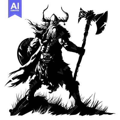 Aset desain premium: Silhouette of a Viking Warrior Holding an Axe and Shield