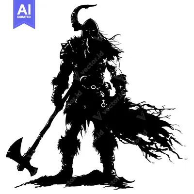 Aset desain premium: Silhouette of a Viking Warrior Holding a Double-Headed Axe