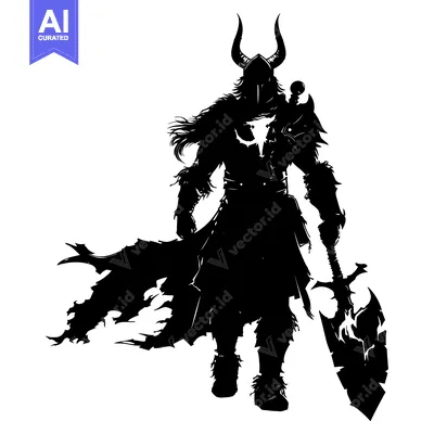 Silhouetted Warrior with Horns, Cape, and Large Sword