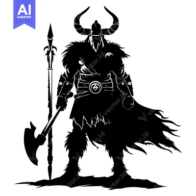Silhouette of a Viking Warrior with a Spear and Axe