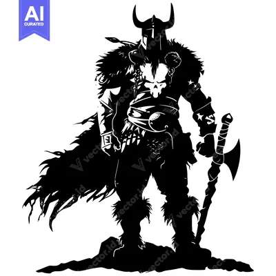 A Silhouetted Warrior Holding an Axe, Wearing a Helmet with Horns and