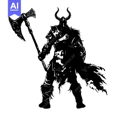 Aset premium populer: Silhouetted Viking Warrior Holding an Axe and Shield