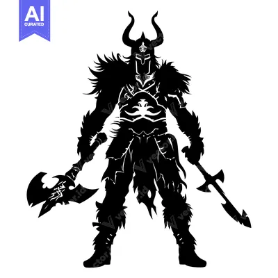 Silhouette of a Viking Warrior Holding an Axe and a Sword