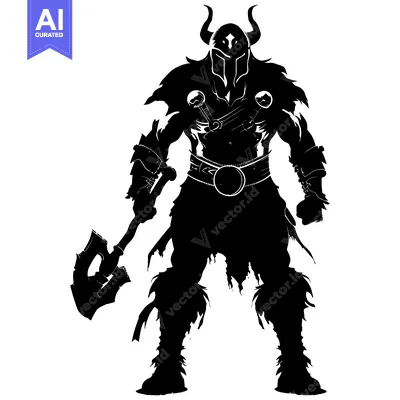 Silhouette of a horned warrior with an axe