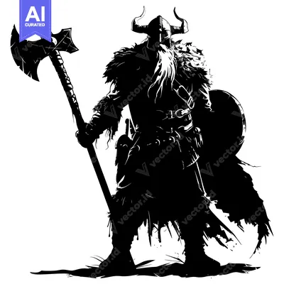 Aset desain premium: Silhouette of a Viking Warrior Holding an Axe and Shield