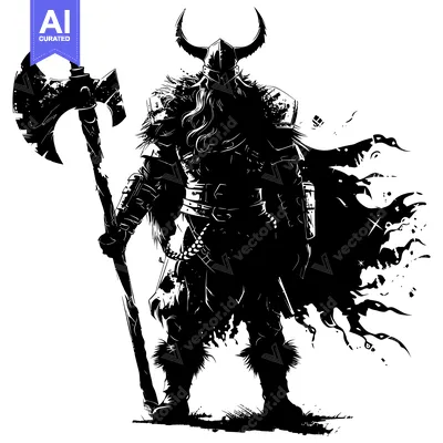 Aset desain premium: Silhouetted Viking Warrior Holding a Large Axe