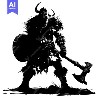 Aset desain premium: Silhouette of a Viking Warrior Holding an Axe and Shield