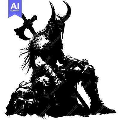 Silhouetted Viking Warrior Resting with Axe and Sword
