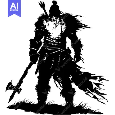 Aset desain premium: Silhouette of a Warrior Holding an Axe and Standing in Grass