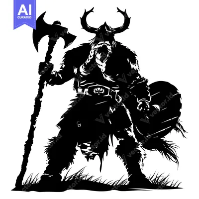 Black and White Illustration of a Viking Warrior with an Axe and Shiel