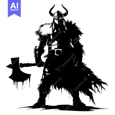 Silhouetted Viking Warrior with Axe and Horned Helmet