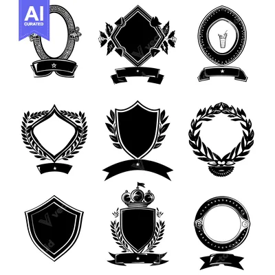 Aset desain premium: Collection of Nine Black and White Ornamental Frames with Banners and
