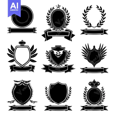 Aset premium populer: Collection of Blank Black and White Heraldic Shields and Frames