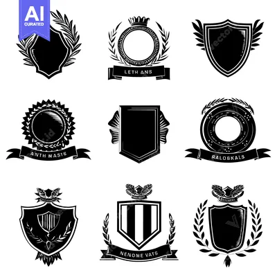 Aset desain premium: Nine Black and White Heraldic Shields with Laurels, Ribbons, and Crown