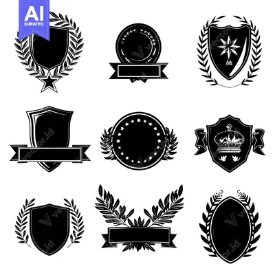 Premium design asset: Nine Black and White Heraldic Emblems with Shields, Laurels, Crowns, a