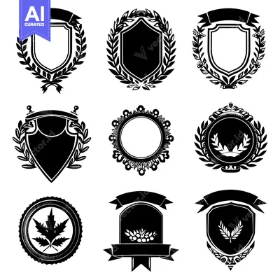 Aset desain premium: Collection of Black and White Heraldic Shields with Ornamental Details