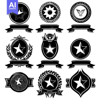 Aset desain premium: A Collection of Black and White Star-Themed Badges and Emblems