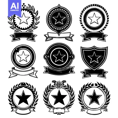 Premium design asset: Collection of Black and White Star Badges with Ribbons and Wreaths