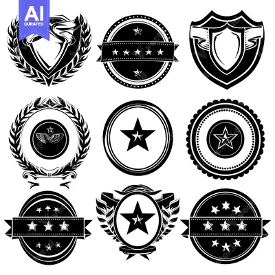 Aset premium populer: Set of Nine Black and White Star-Themed Badges and Shields