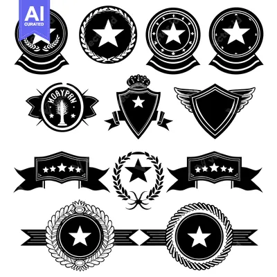 Aset premium populer: Collection of Black and White Star-Themed Badges and Emblems