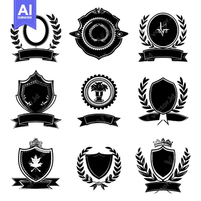 Aset premium populer: A Collection of Nine Black and White Heraldic Shields, Laurels, and Ri
