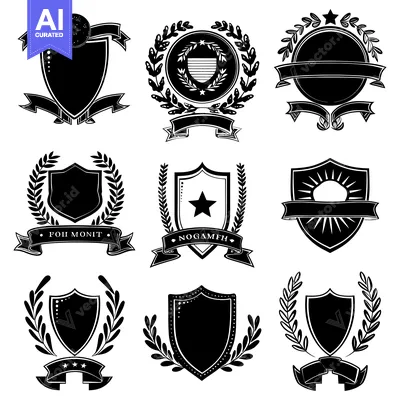 Aset desain premium: Nine Black and White Shield and Laurel Wreath Emblems