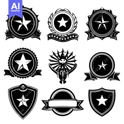 Popular premium asset: Collection of Black and White Star-Shaped Emblems with Ribbons and Dec